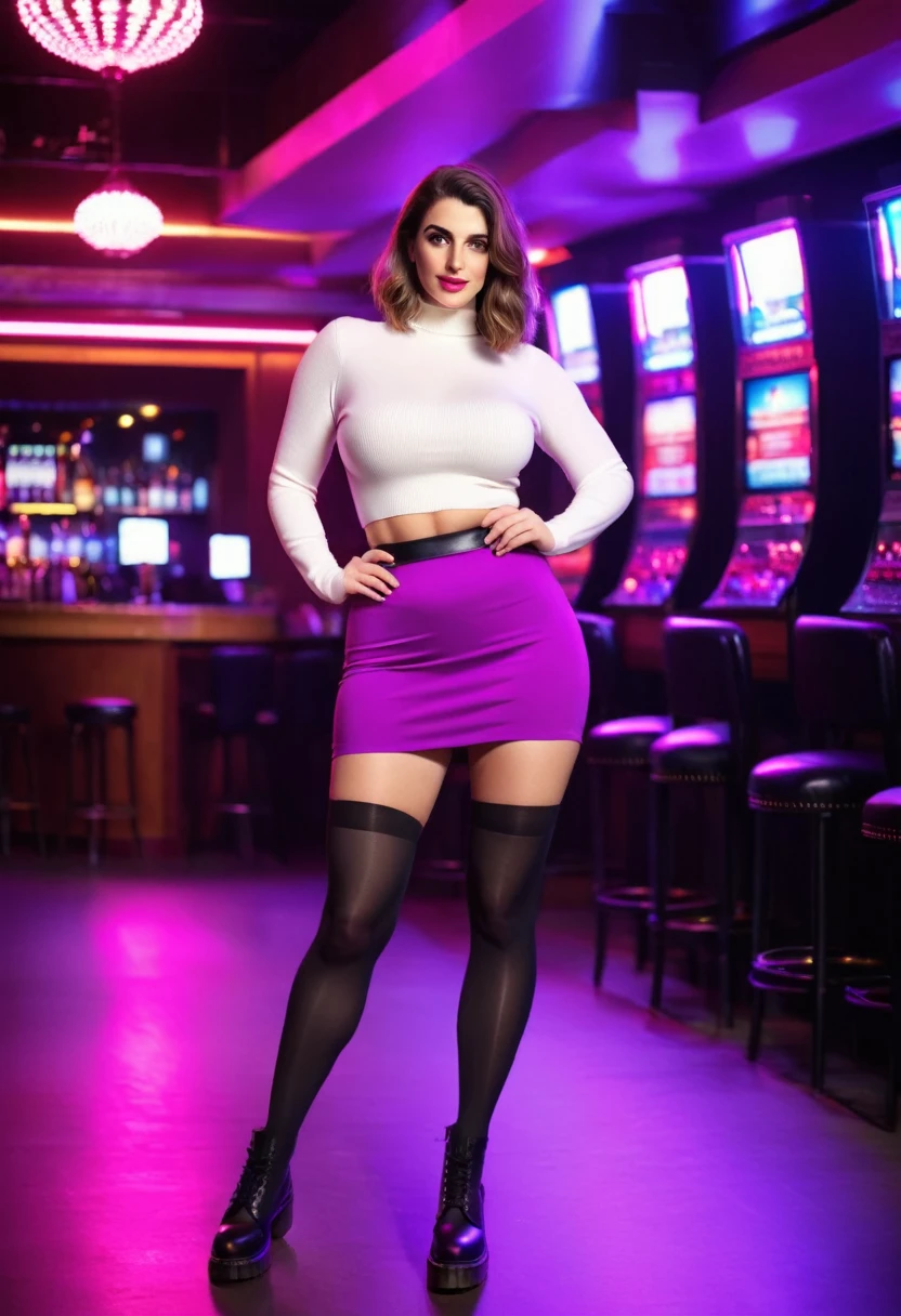 (full body photo:1.3), solo, (front view)1.2, (stylish bob haircut) ((huge natural breasts), natural (34DD))1.3, (nightclub, neon light), (standing pose), ((black tights) and white wool socks)1.3, (cleavage pink copped-top) (purple tight mini skirt)1.2, (black tights and (white wool socks))1.3 ((Dr Martens) boots)1.3, (wide hips, curvy, (thick thighs) (muscular legs))1.2, intricate detail, (amazing hot Arab woman)1.2 posh, (environmental portrait), (perfect detailed eyes), looking at viewer, beautiful, attractive, pretty