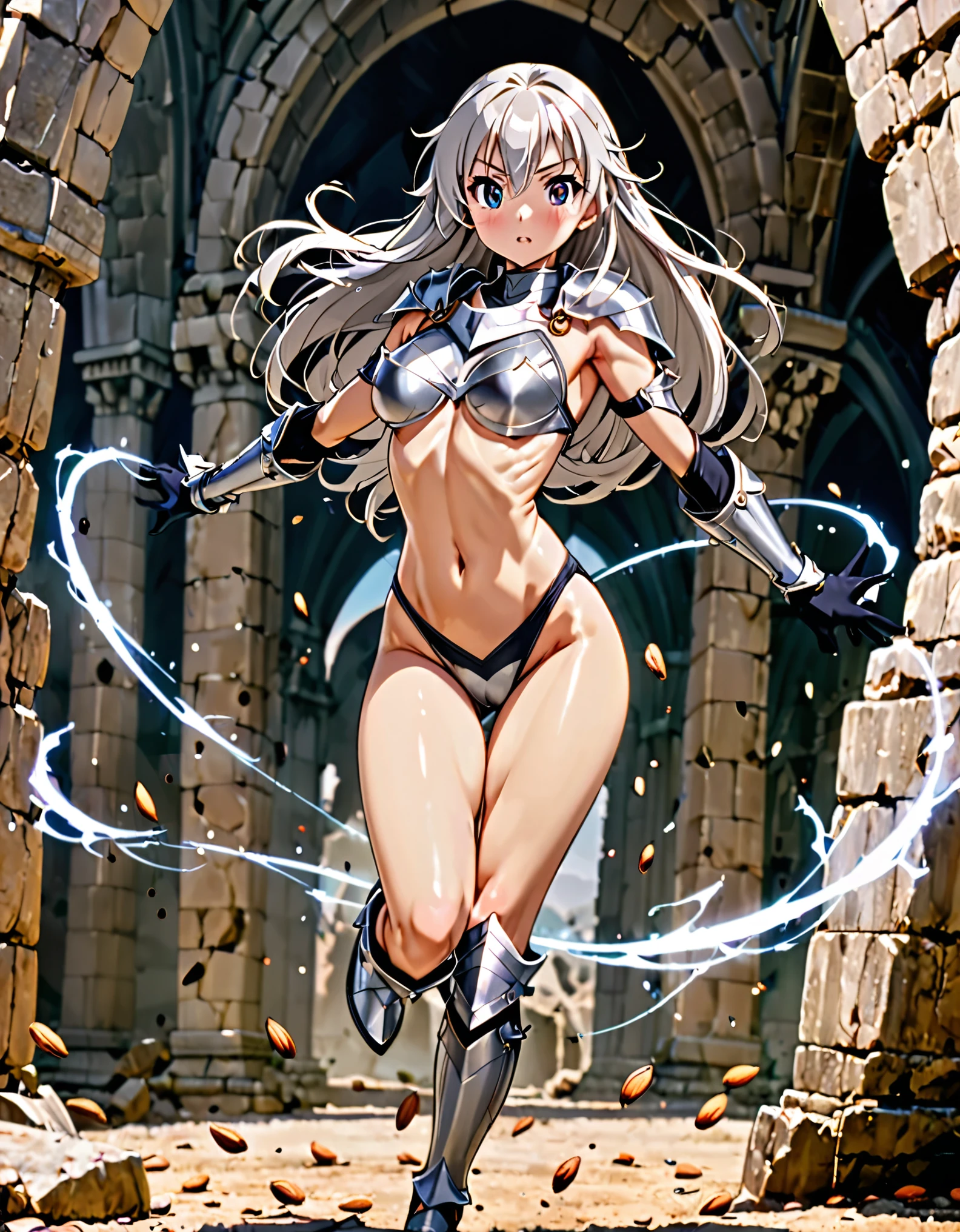Action Scenes、A world of swords and magic、Ugly monsters attack、((醜いモンスターと剣で戦闘中のfemale knight,Leap and slash)),1 female,The perfect 25 years old,((ideal ratio body proportions,small head:1.7)),(tank skin),((high quality anime, 8k,masterpiece,Perfect Anatomy)),(beautiful detailed face and eyes,gorgeous eye:1.3,Almond Eyes),female knight、full body,(silver hair),Straight long hair,bangs,blush,medium breasts,slender body,skinny,Sexy Bikini Armor、Jump、Stone ruins、