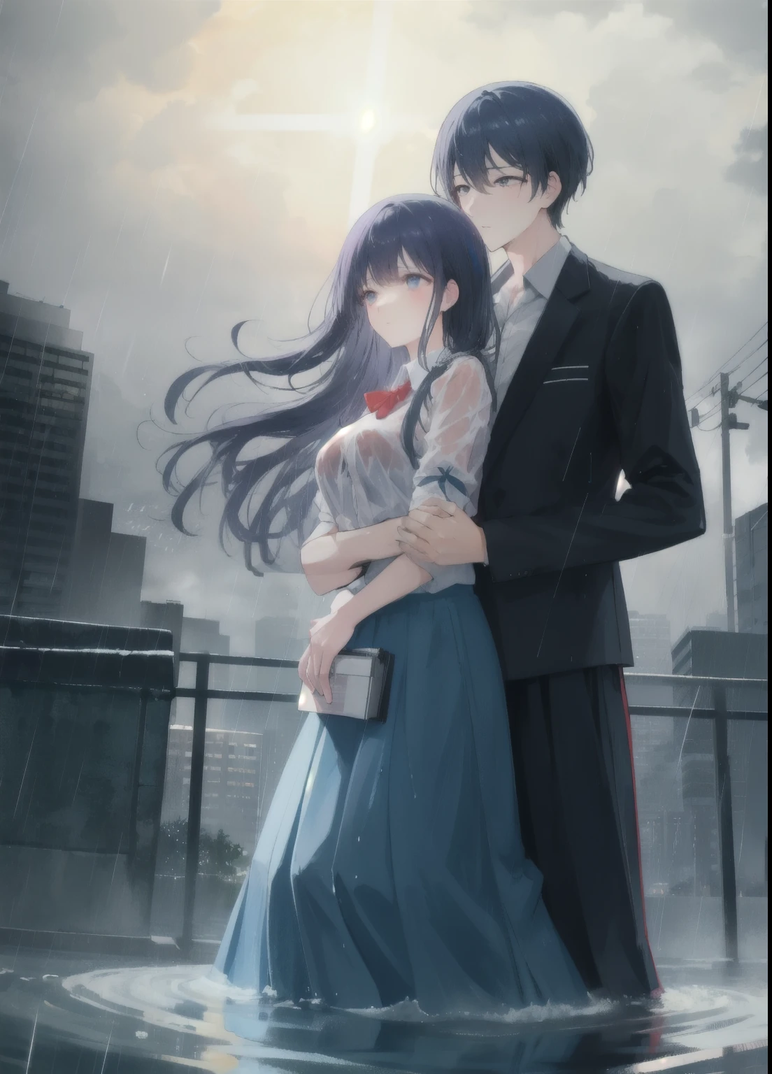 1 Girl,1 boy,  Hug from behind, Long skirt, formal, Heavy rain, storm, Soaked, outdoor, Volumetric Lighting, whole body,  flood