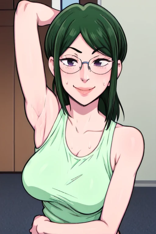 masterpiece, best quality, hanako koyanagi, looking at viewer, large breasts, upper body, portrait, looking at viewer, seductive smile,put your hands behind your head, armpits, armpits visible, sweaty armpits, more sweaty armpits,long hair, green hair, wearing purple tanktop no bra, wearing glasses