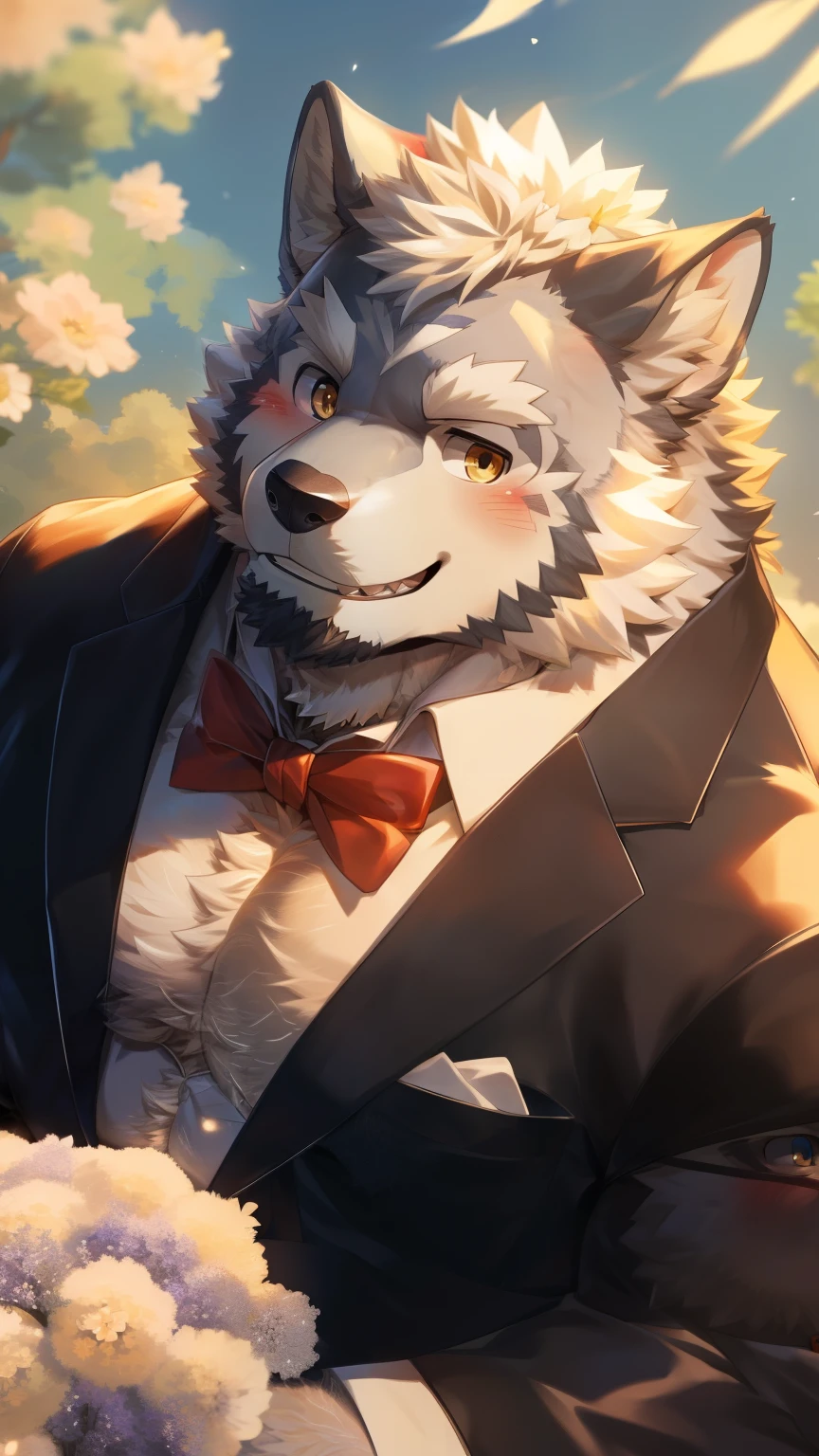 Solitary, anthropology, hairy, hairy male, Wolf, ((Fluffy fur, Fluffy, hairy body)), (Wolf印), (short beard), youth, Gray body, muscular, White, Big muscles, Golden pupils, Tail, deTailed teeth, deTailed face, Fundos, bridegroom, (Black suit suit), (Red bow tie), Holding a bouquet of white flowers, 害羞的站在church门前, deTailed Fluffy fur, deTailed face, Look up at the audience, majestic, barbarous, A faint smile, Blushing, Strong, church, White dove, (Top view from the front), (through empty ghost, From wolf26, masterpiece, high quality, high resolution,8k), permanent, Close-up portraits, outdoor, 