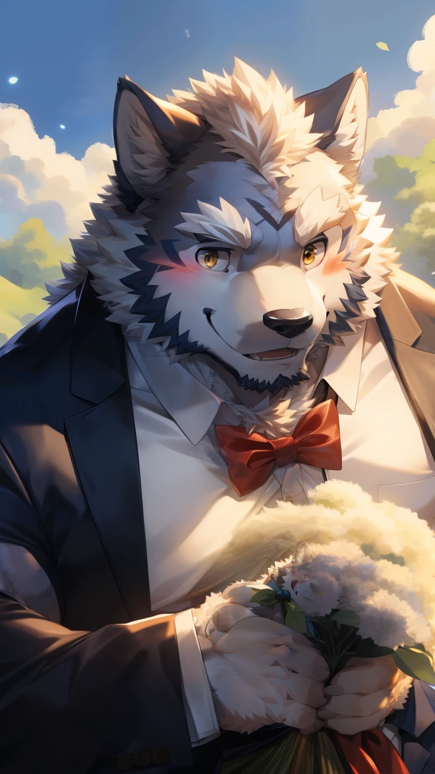 Solitary, anthropology, hairy, hairy male, Wolf, ((Fluffy fur, Fluffy, hairy body)), (Wolf印), (short beard), youth, Gray body, muscular, White, Big muscles, Golden pupils, Tail, deTailed teeth, deTailed face, Fundos, bridegroom, (Black suit suit), (Red bow tie), Holding a bouquet of white flowers, 害羞的站在church门前, deTailed Fluffy fur, deTailed face, Look up at the audience, majestic, barbarous, A faint smile, Blushing, Strong, church, White dove, (Top view from the front), (through empty ghost, From wolf26, masterpiece, high quality, high resolution,8k), permanent, Close-up portraits, outdoor, 