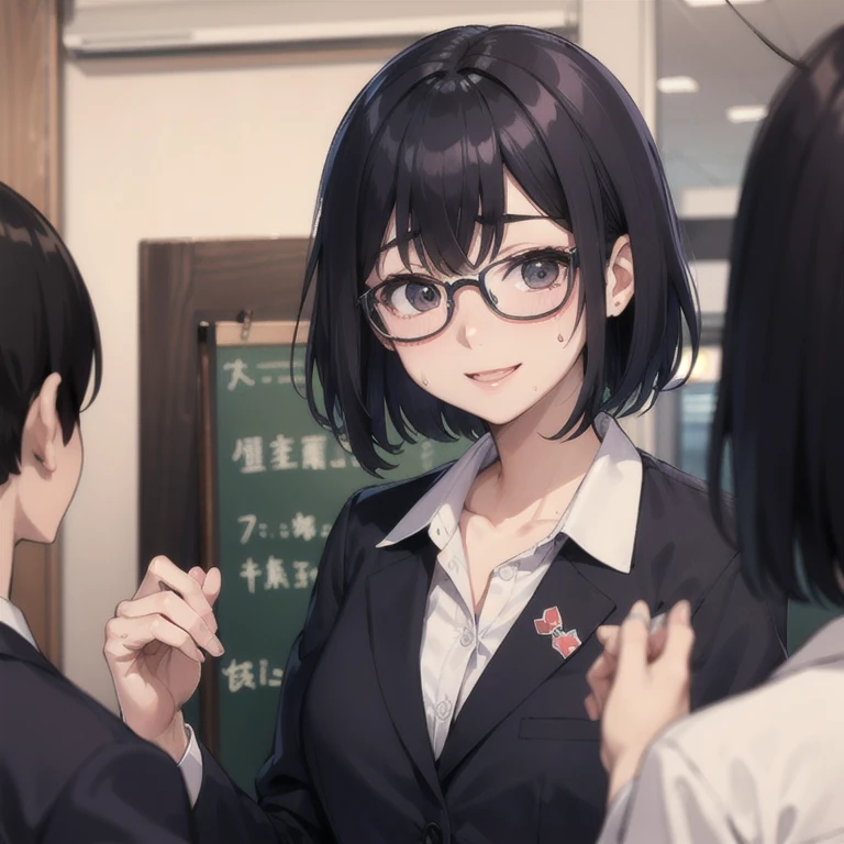 A smile full of happiness、Breathless face、Japanese High School Girl、Just arrived at the meeting、Checked ailor suit、sweating、Excited facial expression、short hair、Glasses