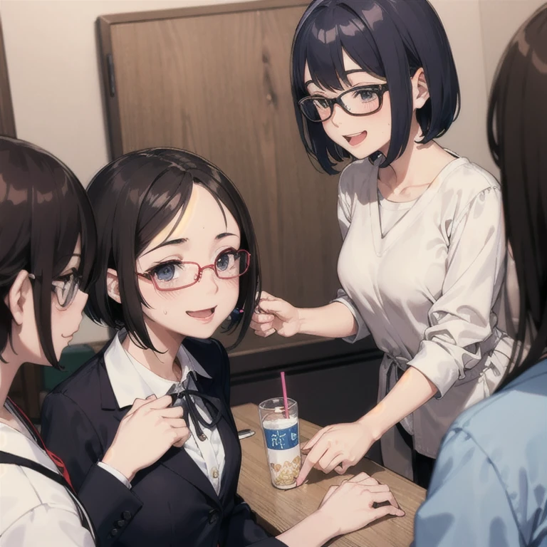 A smile full of happiness、Breathless face、Japanese High School Girl、Just arrived at the meeting、Checked ailor suit、sweating、Excited facial expression、short hair、Glasses