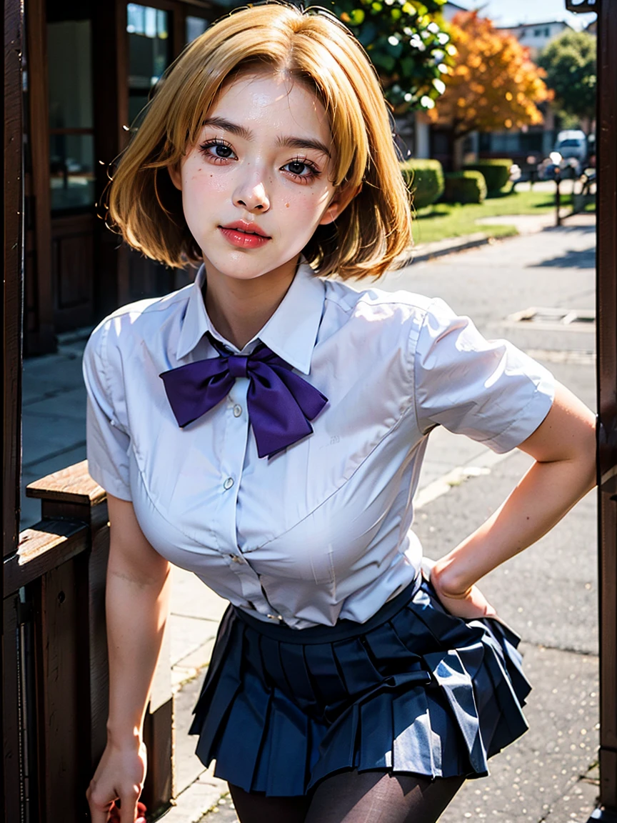 (1 lady), (Best quality at best:1.4), (ultra - detailed), (extremely detailed CG unified 16k), A Beautiful Woman with Perfect Figure: 1.4, Sharp Focus: 1.2, very detailed, High-definition RAW color photo, professional photoshooting, amazing face and eyes, cosmetics, (amazingly beautiful girl), ((jksatoko)), ((scho0l uniform, blue pleated skirt, white shirt, gray blazer, black pantyhose)), standing, sexyposture,outside oriental temple, tree, nature, (look from down), realistic cinematic face, head to feet long wide zoomed out view, full body long view, photorealistic, ((realistic natural blonde hair style, violet eyes, pure golden blonde yellow hair)), gorgeous, extremely beautiful face, perfect model beauty, pout mouth, Highly Detailed Face and Skin Texture, Detailed Eyes, Double Eyelids, Medium Breasts, Smile, flirting smile, laughing hard, cleavages, western, (masterpiece), best quality, high resolution, extremely detailed, blurred background, depth of field, cinematic lighting, amazing legs, high heels, clear and well-cared skin,