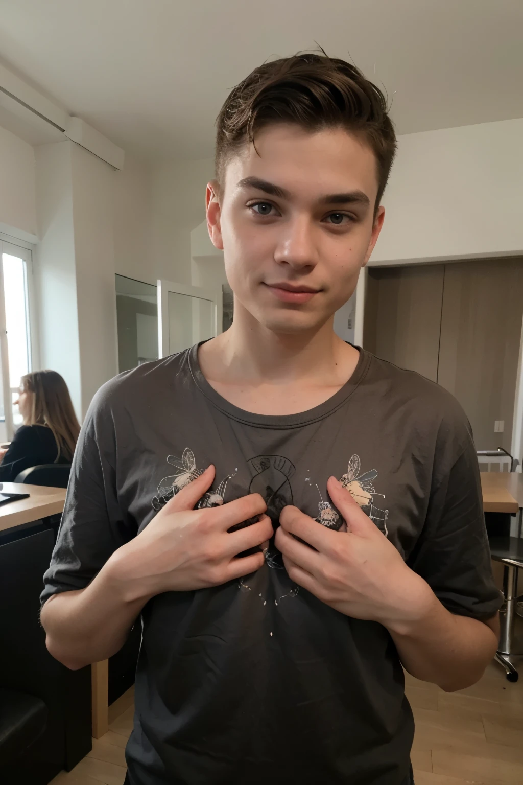 Erstelle mir ein bild von einem Jungen der an einen Stuhl gefesselt worden ist um ihn die jungs ihm seine langen Haare abrasieren auch wenn er es nicht mag ,und erstelle mir ein Bild von vorher mit den langen Haaren und dann mit dem Buzz cut