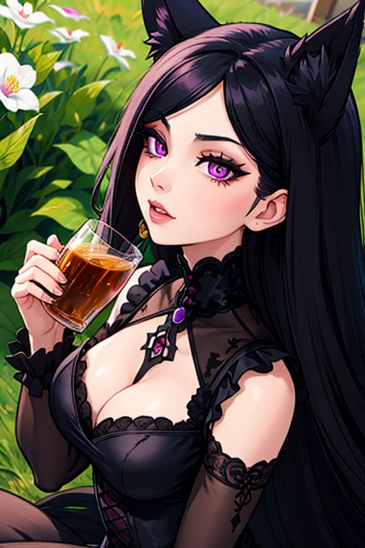 A black haired woman with violet eyes with an hourglass figure with black fox ears and a black fox tail in a Gothic lolita dress is drinking tea in the garden