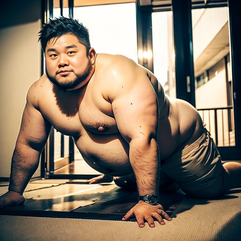 全naked, NSFW，ager，On all fours，Angle from below，Semi-erect Fat，Massive ，Open your mouth，A sumo wrestler whose pre-cum drips onto the floor，Own，short hair，(((Asian Youth)))，Close-up of a man with a large body, strong and Rugged body, Muscular character, Rugged, thickボディ, Exaggerated physique, Big muscles, Muscular characters, Strong, fatty bacchanalian body, attractive Rugged man, Big muscless, thick, Full human hairy body, Unusually large physique, Tall and muscular，Kid Dick，(((Perfect penis:1.2)))，Beautiful peniale peniasterpiece,highest quality, In 8K, A fat man bathing in a large hot spring, naked, Spread your legs, Stretch and relax, Geeky, Short legs, Bowl legs, (obesity: 1.0), Blushing and relaxing fat man, Looks sleepy, nakedのお腹, naked足, Thin Hair, Big face man, Round face, Masculine eyes，Wet body, vapor, alone，gigachad muscles，