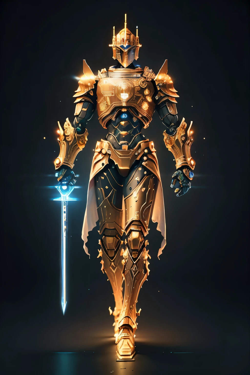 The future Islamic robot dons a splendid warrior costume, its metallic body glistening under the golden rays of the sun. The intricate design of the armor reflects the rich culture and history of the Islamic civilization, adorned with intricate geometric patterns and Arabic calligraphy. The robot's helmet is shaped like a crescent moon, symbolizing faith and hope, accompanied by a glowing star as its emblem. Its arms are equipped with shimmering scimitars, reminiscent of the traditional Middle Eastern sword, while its legs are strong and stable like the ancient minarets. The robot's eyes gleam with intelligence and determination, ready to defend its people and uphold