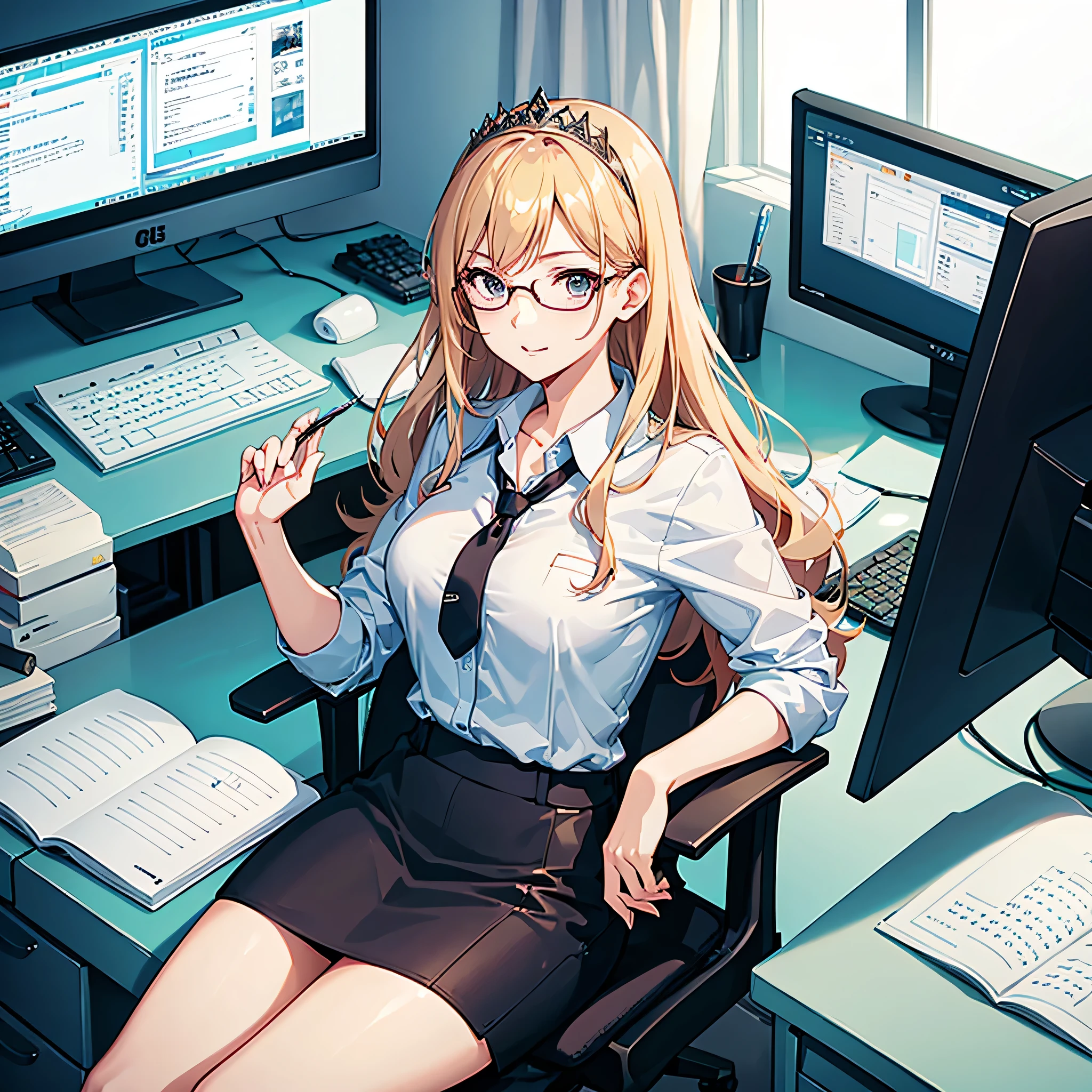 (add_detail:1) (best quality:0.8) perfect anime illustration, stunning girl, 30 years old woman in the office, working on the computer, wearing a business outfit, wearing eye glasses, eyeglasses, computer, notebooks, pile or paperwork, professional, wearing a tiara
