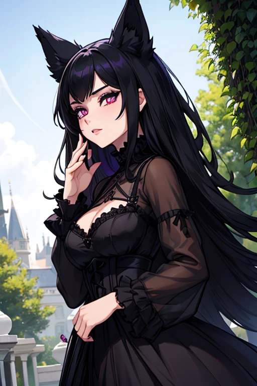 A black haired woman with violet eyes with an hourglass figure with black fox ears and a black fox tail in a Gothic ta dress is posing in a garden