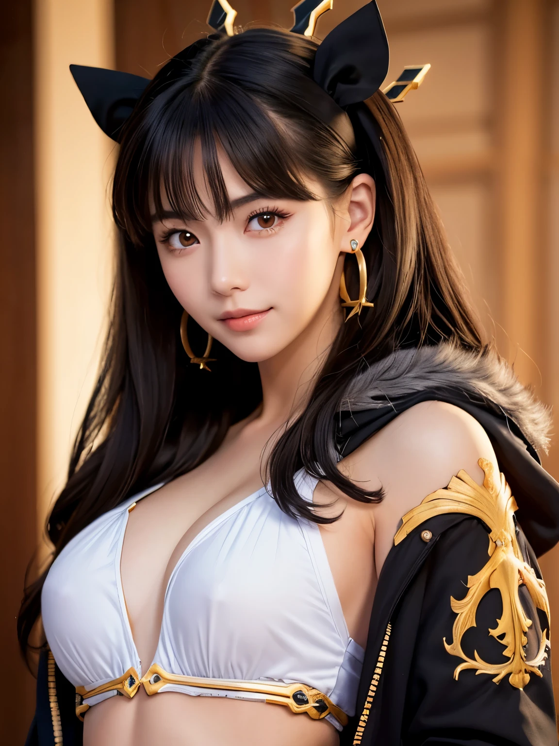(beautiful japanese girl), (Smile:1.25), break,
(Shot with Canon EOS 5D Mark 4 and Canon EF Lens 85mm F1.2L lens, F value 1.2, ISO 50, shutter speed 64), break,
(close up:1.5), (look at camera :1.3), (dynamic pose:1.3), break,
beautiful and fine eyes, perfection, perfection, roll your eyes, detailed face, fine eyes, excellent quality, masterpiece, very detailed, Advanced level of detail, many details, high quality, cinematic light, real hands, (super realistic:1.3), perfect eyes, detailed skin, skin blemish, lip gloss, break,
aaishtar, ((long hair, two side up, hair ribbon)), tiara, swimsuit, earrings, jewelry, red eyes, hoop earrings, black hair, hood, jacket, swimsuit under clothes, fur trim, bangs, room background,