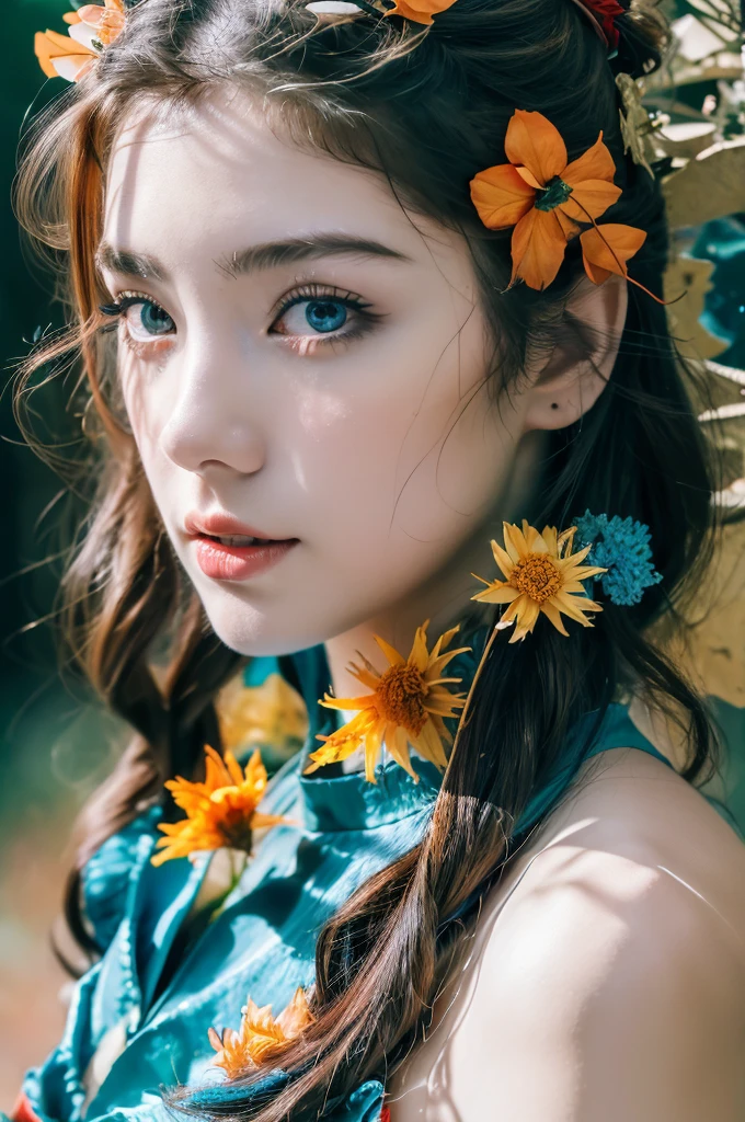 ( masterpiece, top quality, best quality,8k,17 years old girl,ultra detailed,raw photo:1.5),(photorealistic:1.4), (cinematic lighting), PerfectNwsjMajic, , Surrealism, UHD, ccurate, Super detail, textured skin, High detail, Best quality, dynamic angle, White skin,[Beautiful blue eyes], high nose,[flat chest:large breasts:0.5],(1girl),((good anatomy:0.5)),(covered in flowers:1.4), night sky, joint, interested in, fire and ice, (The image is divided into two，Available in a variety of colors:2), eyes blues, sapphire, liquid metal, night sky, (Look at an angle:1.3), (fire and ice), ((Lower chrome)), (hairpin:1.4), (forest:1.3), (fog: 1.3),  Subtle colors and tones, mystical aura ,dreamy atmosphere,expressive brush strokes, mystical ambiance, Artistic interpretation,Wonderland, blue glowing flowers tone, upper body, long hair