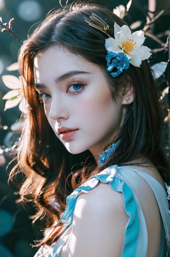 ( masterpiece, top quality, best quality,8k,17 years old girl,ultra detailed,raw photo:1.5),(photorealistic:1.4), (cinematic lighting), PerfectNwsjMajic, , Surrealism, UHD, ccurate, Super detail, textured skin, High detail, Best quality, dynamic angle, White skin,[Beautiful blue eyes], high nose,[flat chest:large breasts:0.5],(1girl),((good anatomy:0.5)),(covered in flowers:1.4), night sky, joint, interested in, fire and ice, (The image is divided into two，Available in a variety of colors:2), eyes blues, sapphire, liquid metal, night sky, (Look at an angle:1.3), (fire and ice), ((Lower chrome)), (hairpin:1.4), (forest:1.3), (fog: 1.3),  Subtle colors and tones, mystical aura ,dreamy atmosphere,expressive brush strokes, mystical ambiance, Artistic interpretation,Wonderland, blue glowing flowers tone, upper body, long hair