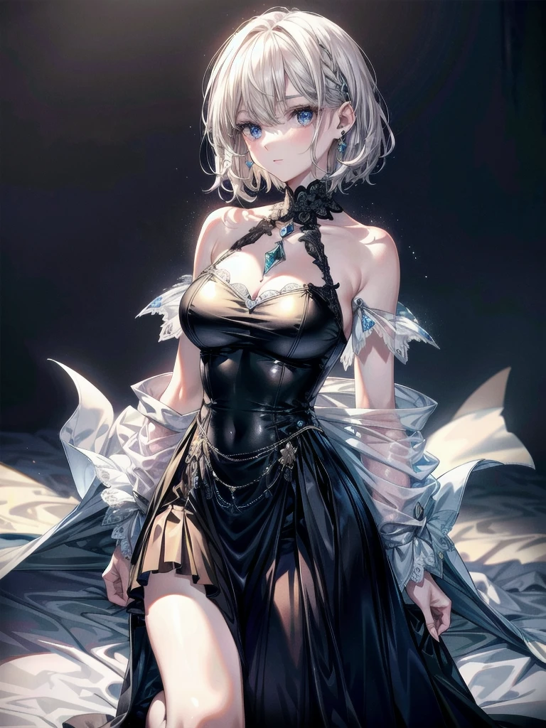 absurdres, RAW photo, extremely delicate and beautiful, masterpiece, Best Quality, ultra high resolution, 32k, hyperrealistic, ultra-detailed, detailed description, pale skin, 20 years old, delicate facial features, detailed beautiful face and eyes, tearful mole, earring, Colossal tits, short medium hair, wavy hair, full body shot, halterneck, blouse, skirt,