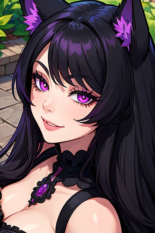 A black haired woman with violet eyes with an hourglass figure with black fox ears and a black fox tail in a Gothic lolita dress is smiling in the garden