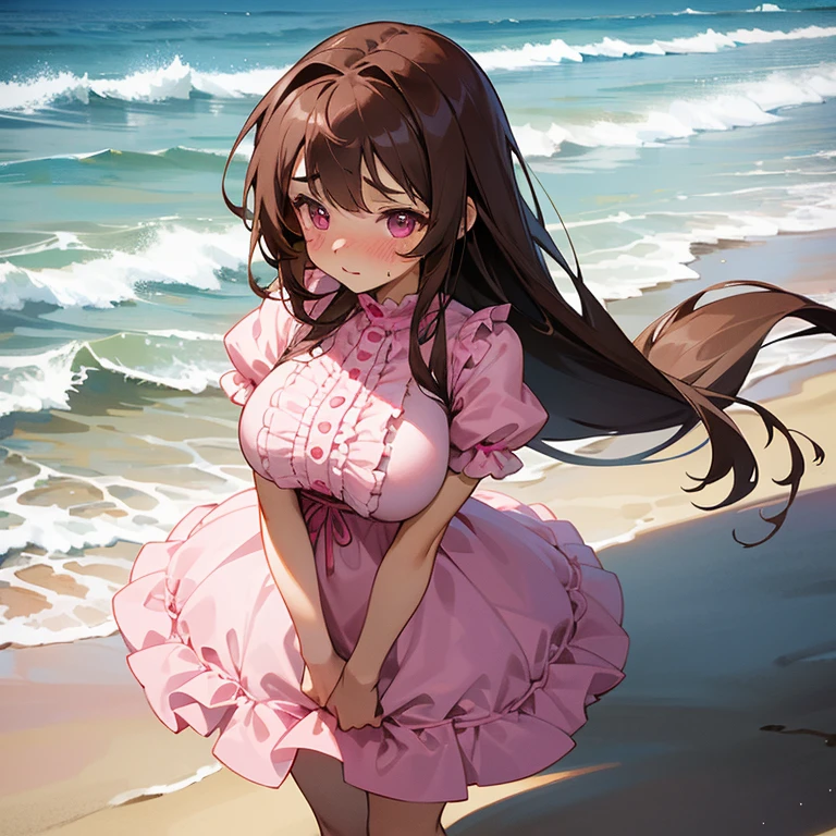 (15 year old girl), at the beach, brown hair, pink eyes, very long hair, standing, blushing, looking embarrassed, large breasts, feeble, cute, seductive,(wearing short, pink, frilly dress)