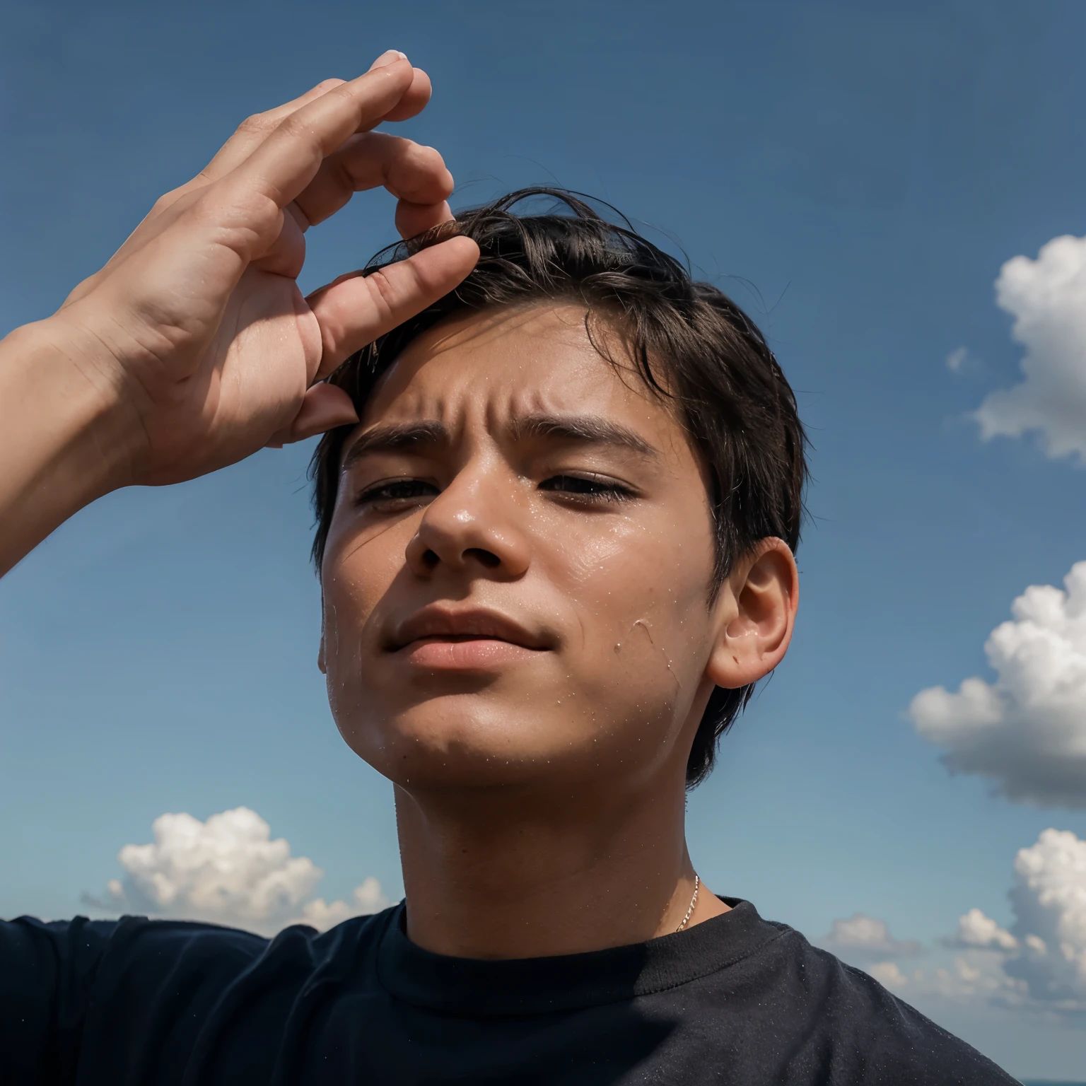 A boy crying in the sky prays to God to give him strength
