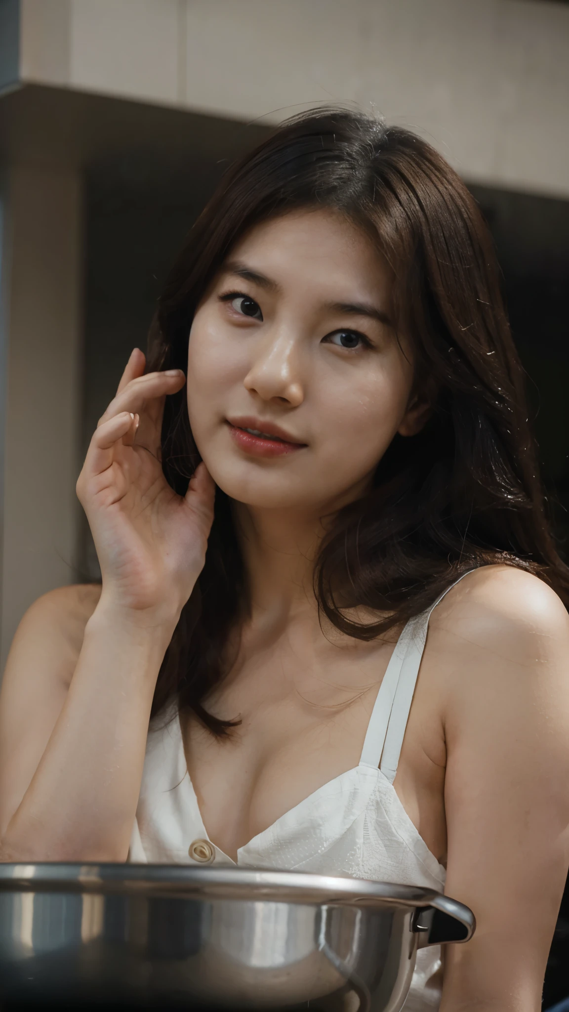 Bae Suzy, Cooking in the kitchen, perfect face, ultra HD, realistic, five finger.