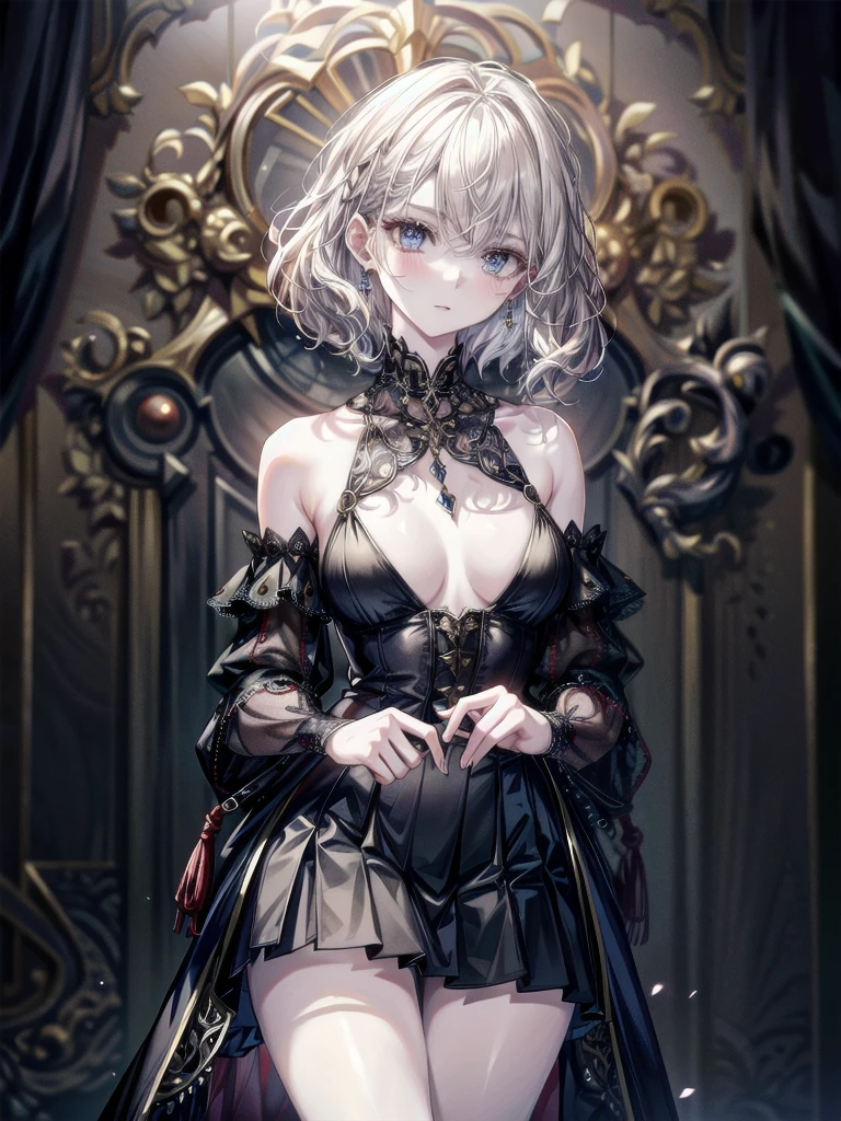 absurdres, RAW photo, extremely delicate and beautiful, masterpiece, Best Quality, ultra high resolution, 32k, hyperrealistic, ultra-detailed, detailed description, pale skin, 20 years old, delicate facial features, detailed beautiful face and eyes, tearful mole, earring, Colossal tits, short medium hair, wavy hair, full body shot, halterneck, blouse, skirt,