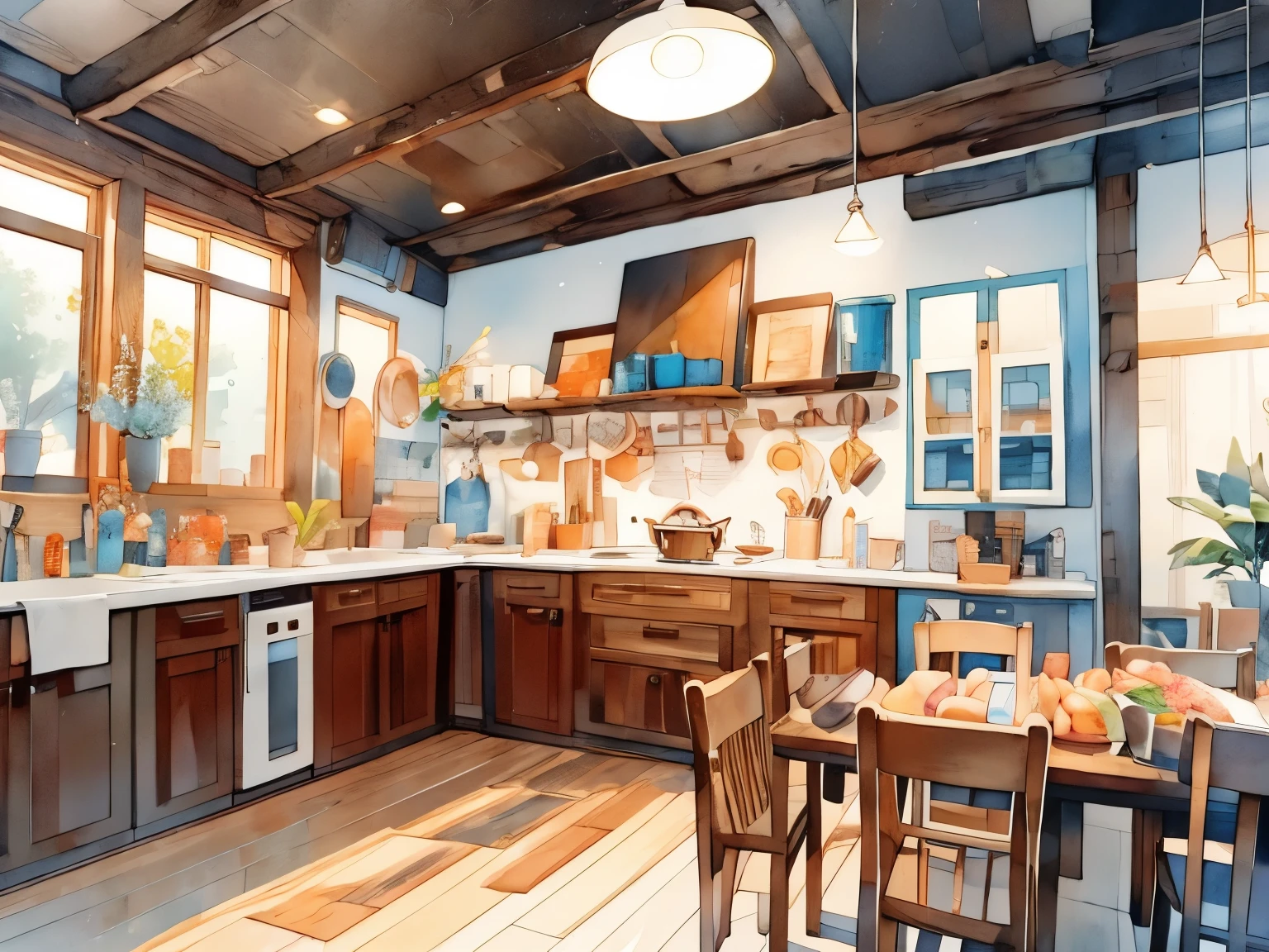 Baking house decorated with artistic creative decoration，colorful mural、Lighting Design、The baking house has a comfortable and warm environment，Beautifully furnished、All utensils are available