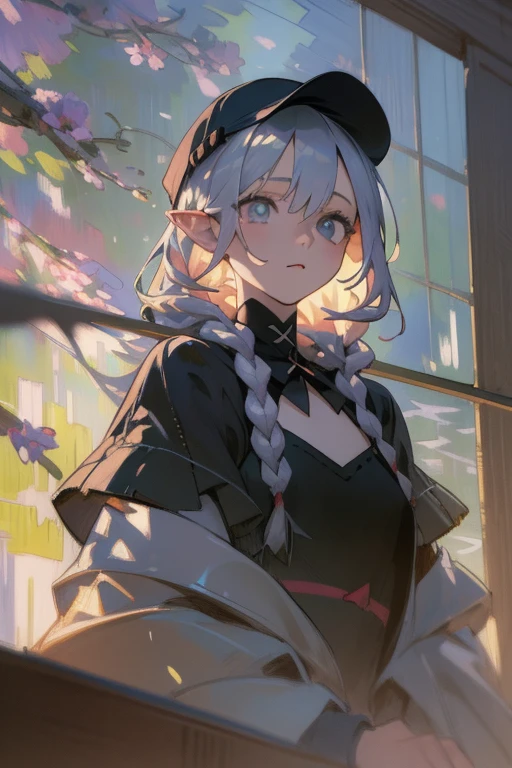 masterpiece, best quality, 4K, Ultra HD, Sansho Castle, , Beautiful eyes and delicate face, illustration, Beautiful and detailed, high resolution illustration, luminescent_White_particle, 1 Girl, White hair, Lilac eyes, Hair covering one eye, Short side details, Baseball cap,Expressionless, curtain, Black jacket, Chest hanging, Cyberpunk, Technical clothing,(Impressionism:1.4)