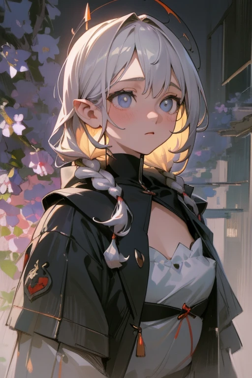 masterpiece, best quality, 4K, Ultra HD, Sansho Castle, , Beautiful eyes and delicate face, illustration, Beautiful and detailed, high resolution illustration, luminescent_White_particle, 1 Girl, White hair, Lilac eyes, Hair covering one eye, Short side details, Baseball cap,Expressionless, curtain, Black jacket, Chest hanging, Cyberpunk, Technical clothing,(Impressionism:1.4)