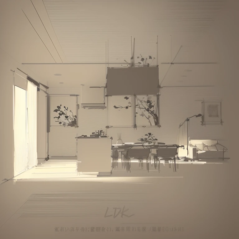 Picture of a living room with a dining table, Architectural sketches, Line art!!, Sketch-like, Line art, Sketch illustration, by Hideyuki Kikuchi, Sumi - E Lighting Style, by Oka Yasutomo, Artistic Expression, Architectural Illustration, interior design architecture, interior design background, interior! design, architectural drawing, Line artイラスト