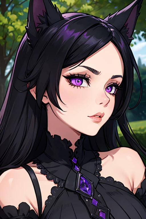A black haired woman with violet eyes with an hourglass figure with black fox ears and a black fox tail in a Gothic lolita dress is spinning in the garden