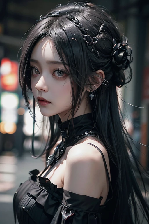 top-quality、8K、masterpiece:1.3、Gothic punk、Red inner color、A grey dark-haired、hair adornments、a beauty girl、creative、dark fantasy style、Neogos、Goth Fashion:1.2、hight resolution、masterpiece、top-quality、headw:1.3、((Hasselblad photo))、Fine-grained skin、Sharp Focus、(lighting like a movie)、Realistic texture m hair, black crow in the shoulder