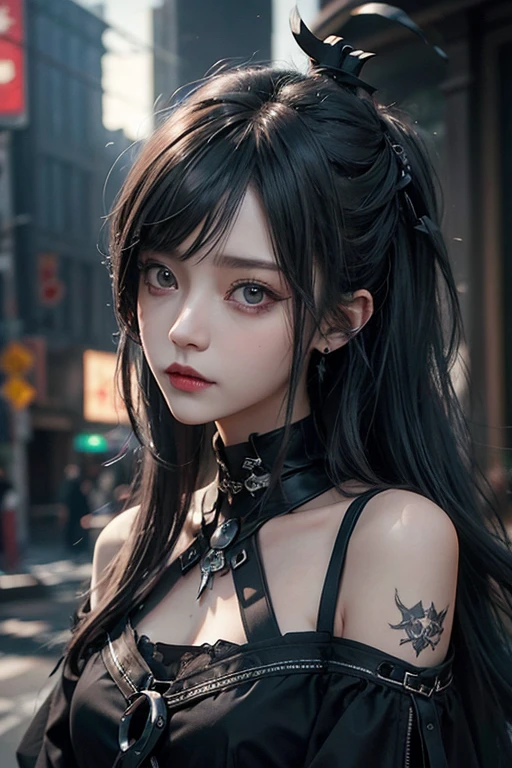 top-quality、8K、​masterpiece：1.3、Gothic punk、Red inner color、A grey dark-haired、hair adornments、a beauty girl、creative、dark fantasy style、Neogos、Goth Fashion：1.2、hight resolution、​masterpiece、top-quality、headw:1.3、((Hasselblad photo))、Fine-grained skin、Sharp Focus、(lighting like a movie)、Realistic texture m hair, black crow in the shoulder 