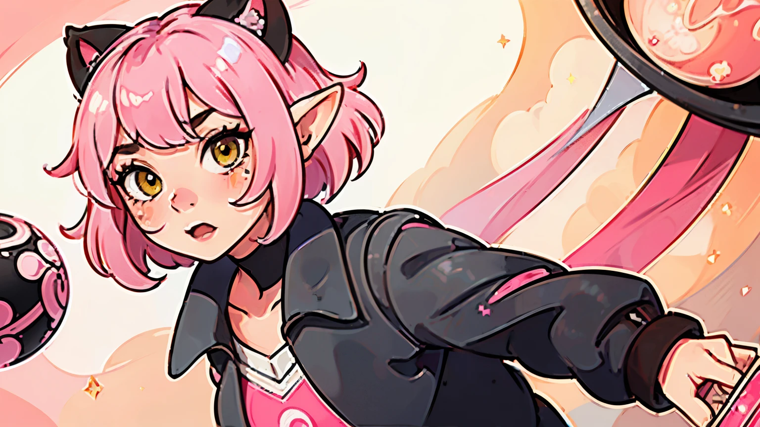a girl elf with pink hair and stars on her face, black cat nearby , inspired by Ross Tran, pink and red color style, sims, plumbob