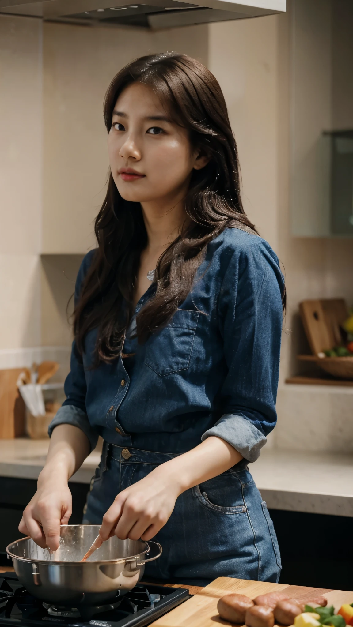 Bae Suzy, Cooking in the kitchen, perfect face, ultra HD, realistic, five finger.