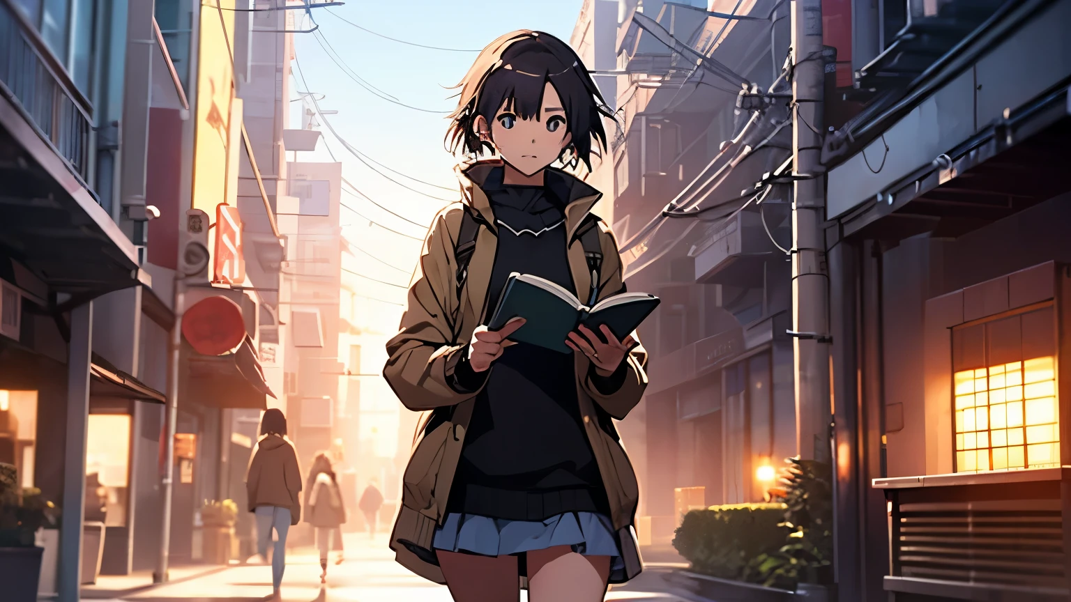 Anime girl in a miniskirt, Reading a book,whole body,Complete two-legged,Complete Hand,Makoto Shinkai's art style, Shinkai Makoto style, Painted in an anime artist's studio, By Shinkai Makoto. Digital Rendering, Lo-fi Girl, ( ( By Shinkai Makoto ) ), in the Makoto Shinkai's Style, Anime Style 4k, Makoto Shinkai's Style, Created by Anime Painter Studio、sunset、At dusk