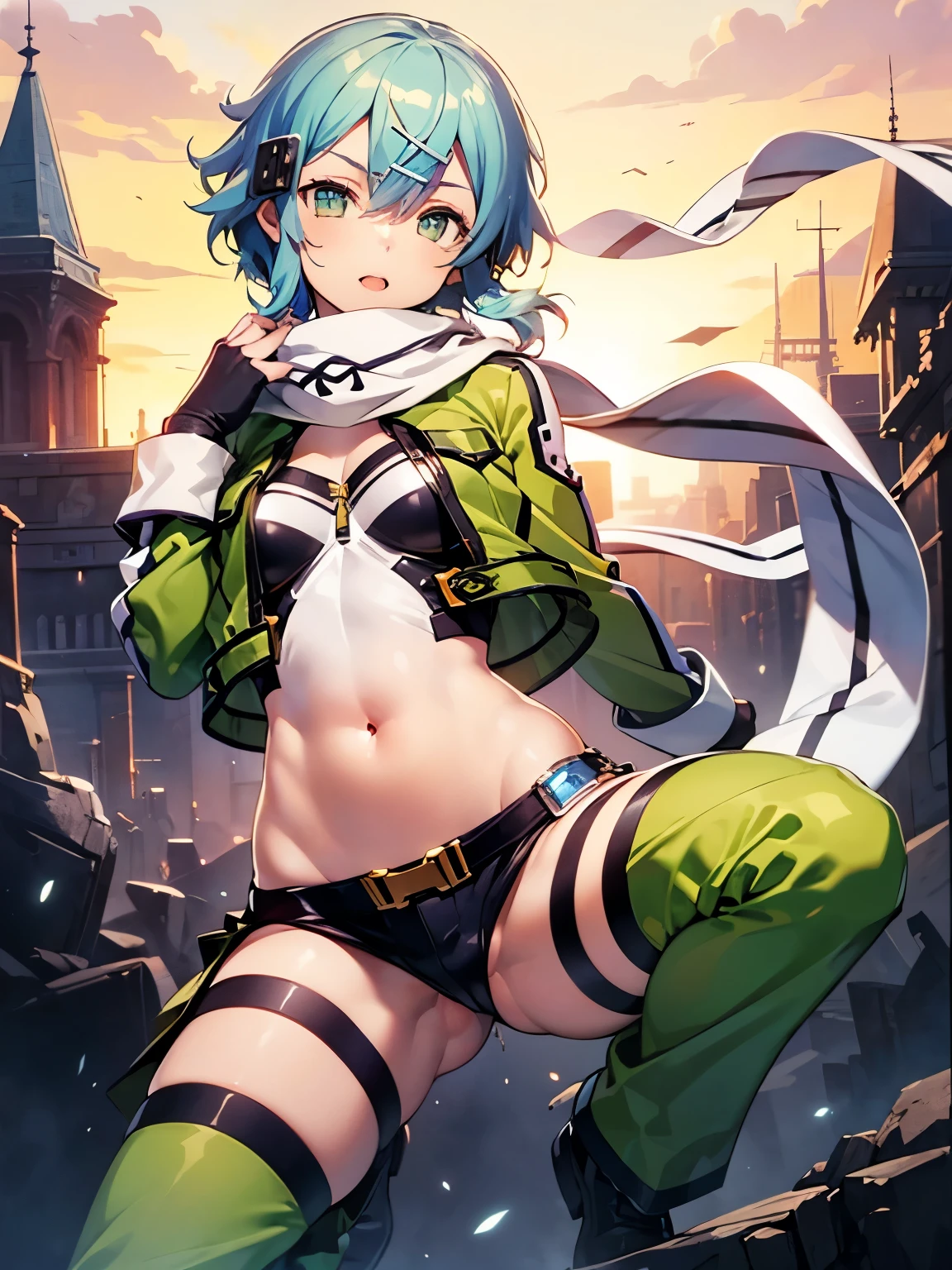 NSFW,Chinon 1, scarf, Fingerless gloves, Long sleeve, Short shorts, hair ornaments, Hair Clip, Green knee socks, Green jacket, Thigh straps,(Perfect hands),(Perfect Anatomy),(masterpiece),(highest quality)