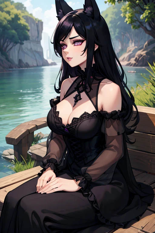 A black haired woman with violet eyes with an hourglass figure with black fox ears and a black fox tail in a Gothic lolita dress is sitting on a dock at the park