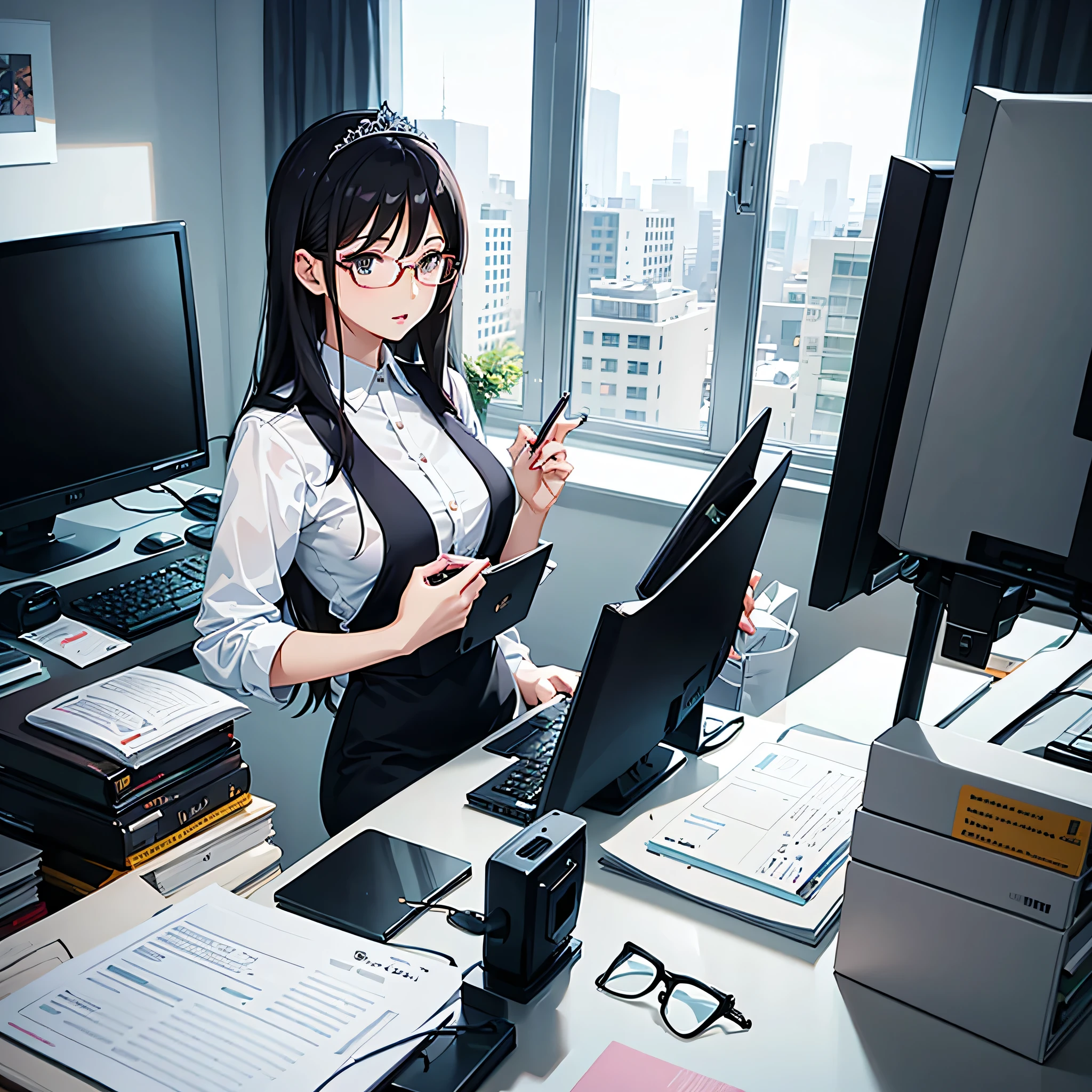 (add_detail:1) (best quality:0.8) perfect anime illustration, stunning girl, 30 years old woman in the office, working on the computer, wearing a business outfit, wearing eye glasses, eyeglasses, computer, notebooks, pile or paperwork, professional, wearing a tiara