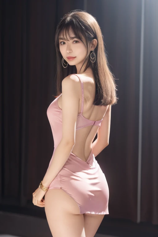 8K, Masterpiece, RAW photo, Best quality, detail:1.2),Photorealistic, Extremely detailed CG unifies 8K wallpapers, Depth of field, Cinematic light, Lens flare, Ray tracing, (Extremely beautiful face, Beautiful lips, Beautiful eyes), intricate detail face, ((ultra detailed skin)) 1girll, In the dark, deepshadow, Pretty Korean girl, Kpop idol,(Very slim and slender muscular body:1.3), ((view the viewer)),(Big smile), (bodycon minidress),(Pink dress), (Panties exposed), (Injection sleeve) , (City Night, (neon lights sign), (Night), Pretty Korean girl, Earrings, bangle, necklace, Pantyhose, Clear eyes, Walking , (Pale skin), Face forward, (Big eyes), ((upperbody shots)), bodycon minidress, Silk mini dress ,Panties exposed, Turn Back, Back shot, Very slim, slander,Malu,
