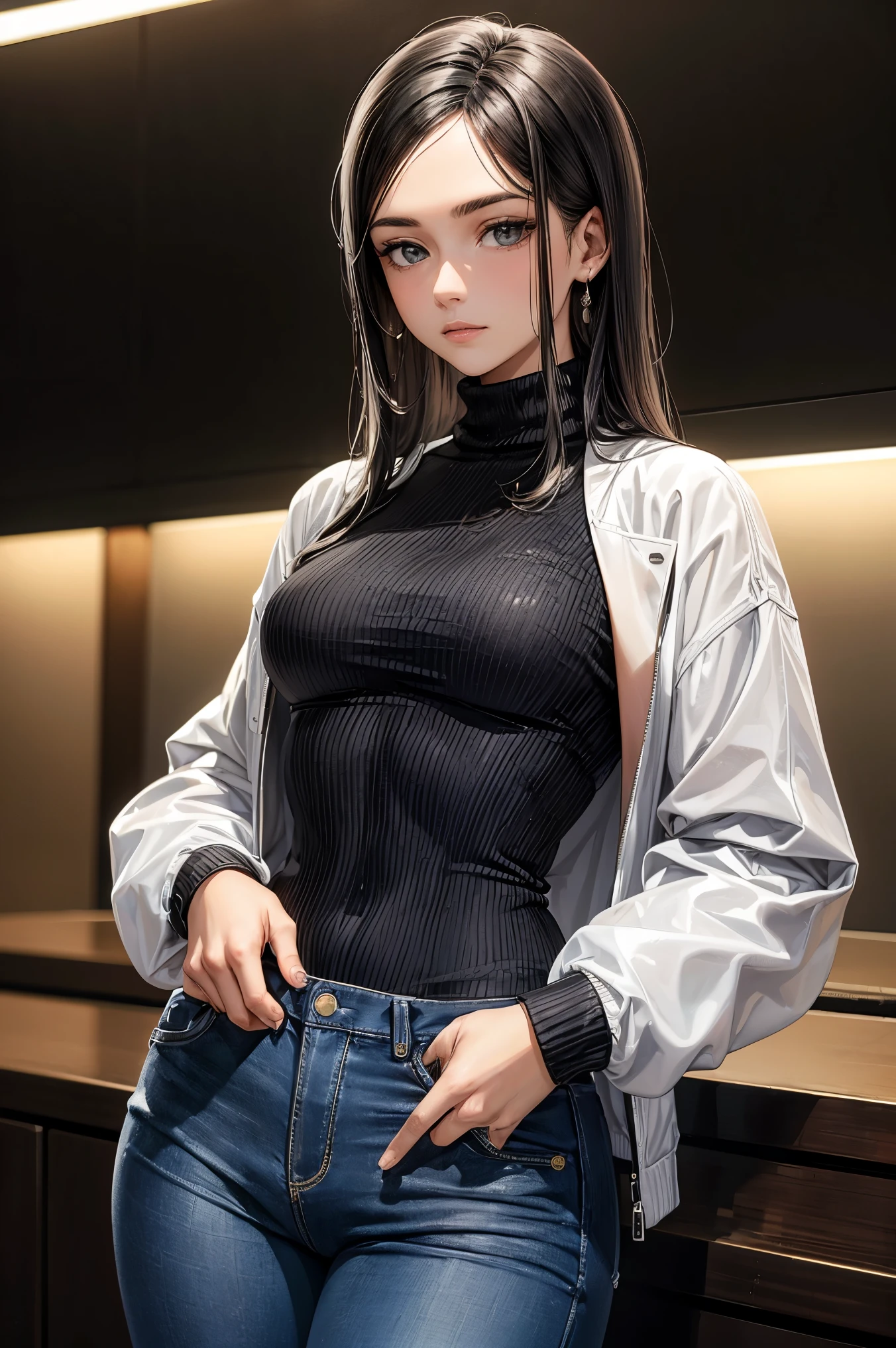 ((melhor qualidade)), ((obra de arte)), (detalhado), rosto perfeito mulher magra com black jeans and a turtleneck sweater. The jacket was a thin black windbreaker