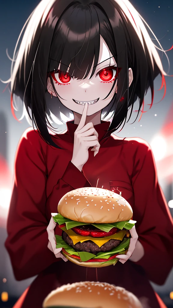 a girl, black hair, bob cut, glowing red eyes, pale skin, red and black sailor uniform, red shirt, (evil grin:1.1), sharp teeth, (wide open eyes:1.2), night, moon glare, bokeh, depth of field, blurry background, light particles, strong wind,Eat a lot of hamburgers