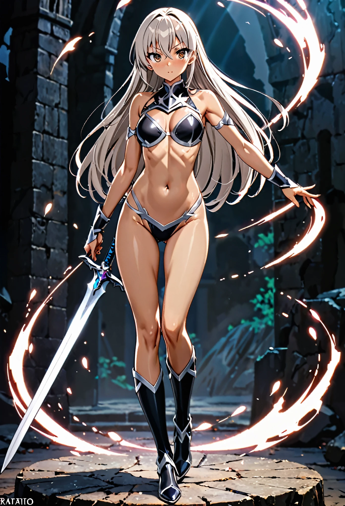 Action Scenes、A world of swords and magic、Ugly monsters attack、((A female knight fighting an ugly monster with a sword,Leap and slash)),1 female,The perfect 25 years old,((ideal ratio body proportions,small head:1.7)),(tank skin),((high quality anime, 8k,masterpiece,Perfect Anatomy)),(beautiful detailed face and eyes,gorgeous eye:1.3,Almond Eyes),female knight、full body,(silver hair),Straight long hair,bangs,blush,medium breasts,slender body,skinny,Sexy Bikini Armor、Jump、Stone ruins、