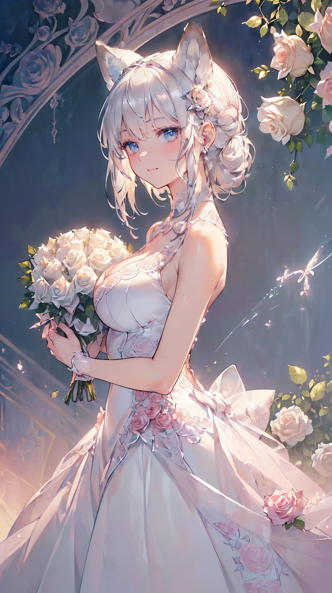 (((Masterpiece))), (((Highest quality))), ((Ultra-detailed)), ((Super fine illustration)), ((Ultra-fine painting)), (16K highest quality wallpaper:1.4), (Upper body:1.4), (Highly detailed and delicate illustration style:1.8), Detailed skin texture, Detailed cloth texture, Detailed rose flower texture, Extreme detailed description, (T-masterpiece), (Highly detailed face:1.4), Original, RAW photo, Professional, Intricate details, Super details, Direct light:1.6, (Perfect anatomy:1.4), (Highly detailed hands:1.2), (Highly detailed fingers:1.2), (Highly detailed fingertips:1.2), (27-years-old), Real, (Solo:1.6), ((A very beautiful and attractive silver fox female fashion model:1.4)) BRAKE (Beautiful and adorable silver fox ears:1.6), (Highly detailed and delicate silver fox ears:1.4), (Beautiful and well-shaped big breasts:1.2), (Beautiful and well-shaped buttocks), (Beautiful and shiny silver hair:1.6), (Highly detailed and delicate silver hair:1.4), (Beautiful clear blue eyes that shine with great detail:1.6), (Highly detailed and delicate blue eyes:1.2), (Highly detailed face:1.4), (Smile:1.4), (Looking at viewer:1.4), (Standing:1.4), (Celebration:1.4) BRAKE ((A beautiful and gorgeous princess dress that is detailed and delicate to be worn at celebratory occasions:1.4)) BRAKE ((Holding in both hands a large bouquet of highly detailed and delicate ((white and pink roses)):1.3)) BRAKE (Just after noon:1.4), (Celebration:1.4), ((Highly detailed and delicate white rose flower and pink rose flower garden background:1.4)), (Highly detailed and delicate royal palace courtyard background in just after noon in spring:1.4) BRAKE 
