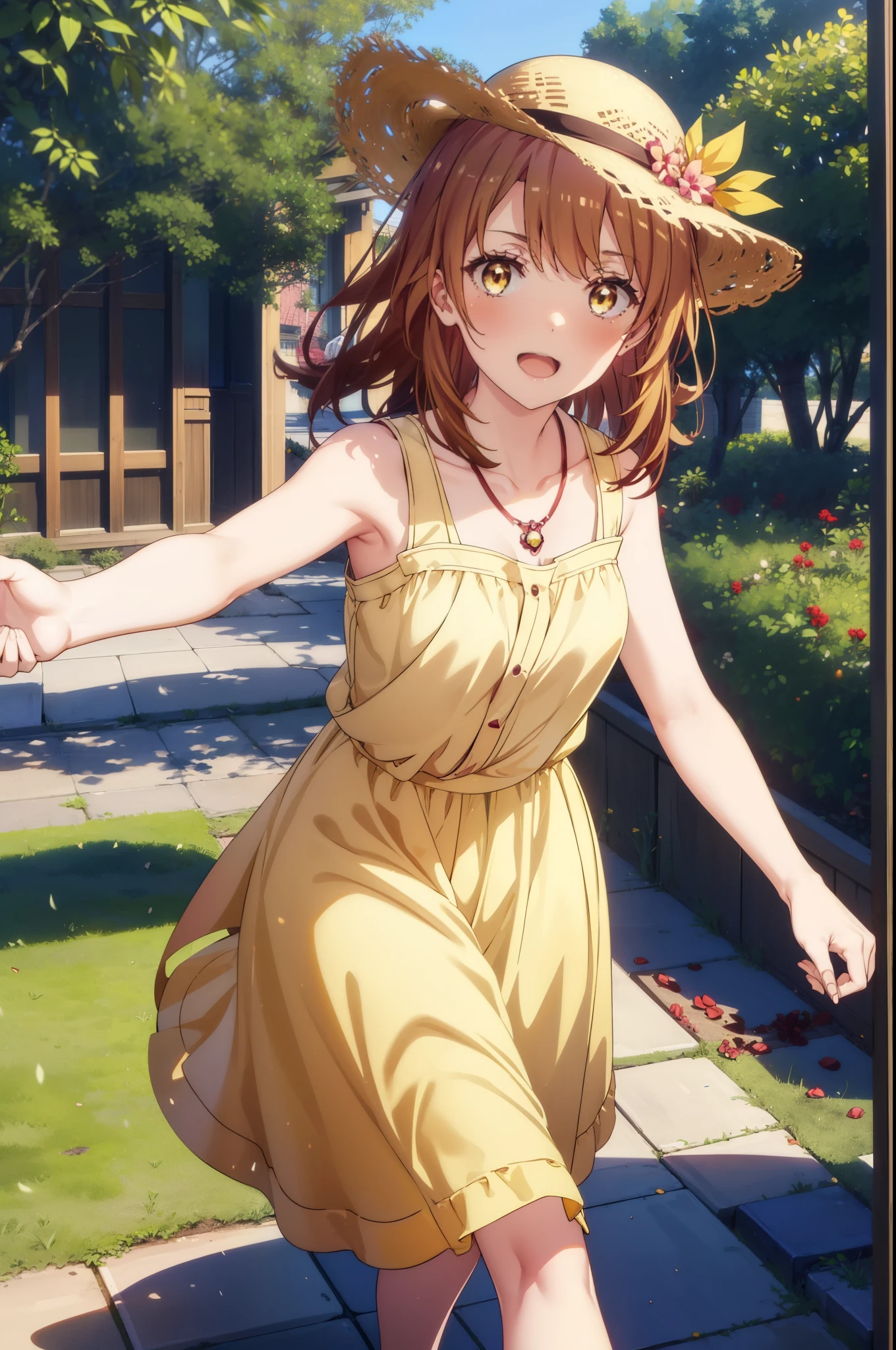 irohaisshiki, Isshiki Iroha, Long Hair, Brown Hair, (Brown ruby eyes:1.5), Sleeveless yellow dress,Yellow long skirt,Bare neck,Locket Necklace,Cute Sandals,Straw hat,happy smile, smile, Open your mouth,Daytime,Clear skies,True Summer,whole bodyがイラストに入るように,Walking,
break outdoors ,garden,crowd, people々々,
break looking at viewer,whole body,
break (masterpiece:1.2), highest quality, High resolution, unity 8k wallpaper, (shape:0.8), (Beautiful and detailed:1.6), Highly detailed face, Perfect lighting, Highly detailed CG, (Perfect hands, Perfect Anatomy),