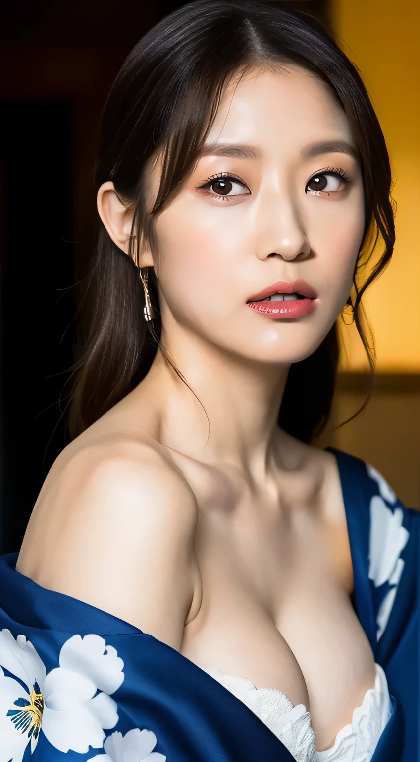 (kimono, Webbing, Complex Blue:1.2),
((highest quality, 8k, masterpiece: 1.3)), Sharp focus: 1.2, Beautiful woman with perfect figure: 1.4, Highly detailed face and skin texture, Fine grain, (lips),

((Blushing)),
((?????? enlargement:1.2)), 

Ultra-detailed skin, Glossy Skin, Thin waist, 
Ultra-detailed eyes, Slit eyes, Brown eyes, double eyelid, Beautiful thin eyebrows, Thin, long eyelashes, 
Ultra-detailed lips, Plump lips, Glossy pink lips, Flushed Cheeks, White teeth, 
Beautiful actress's languid make-up, Pink lipstick, Smoky eyeshadow, Eye foundation, 
