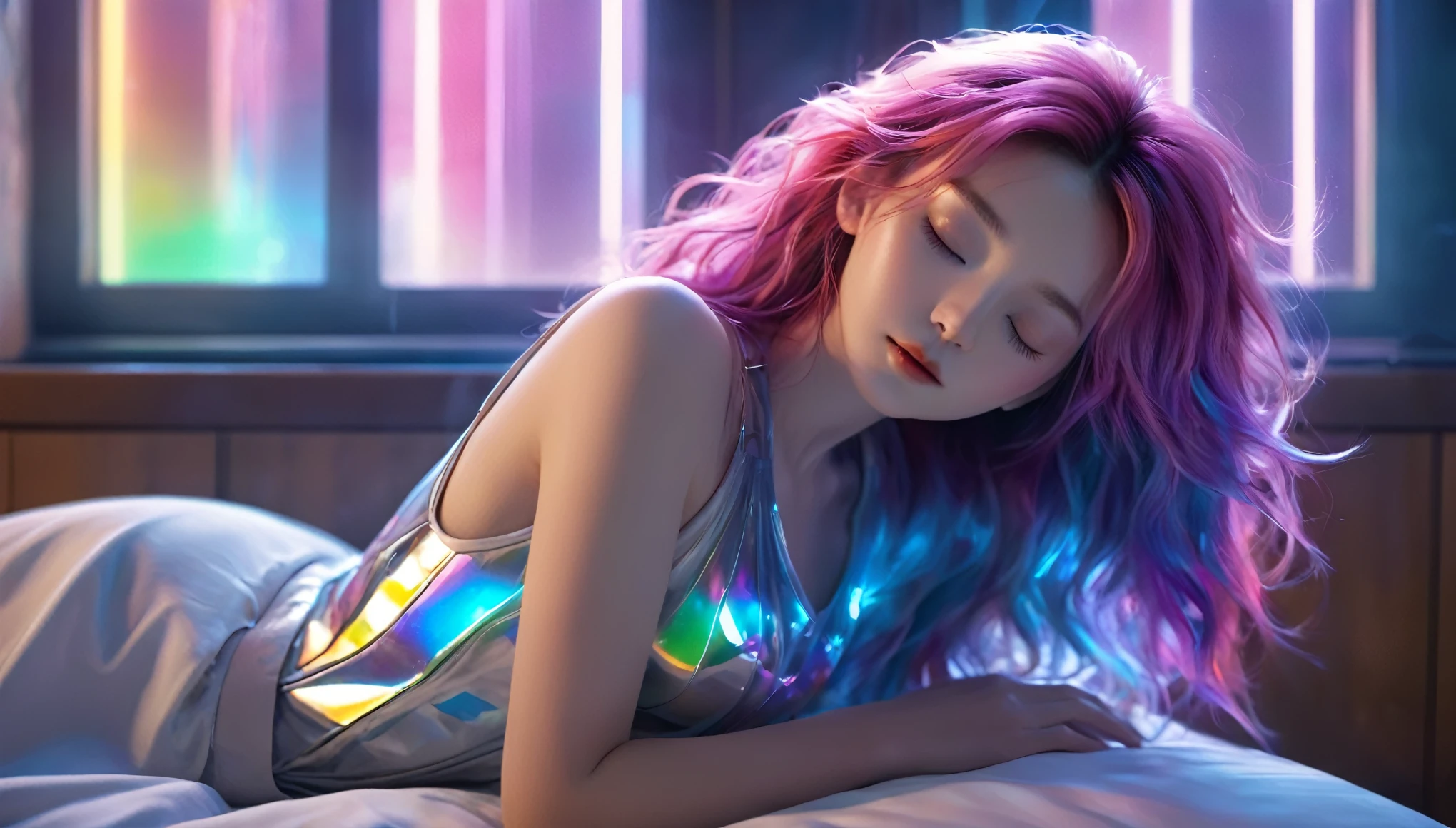 (best quality,8k,ultra-detailed:1.2),(CG,CG art,3D rendering),(masterpiece:1.2),（Crawling on the table），（Sexy clothing），(movie lighting,futuristic),(woman lying in bed,sleeping,closed eyes),(large window behind her,tranquil night),(colorful hair:1.5)