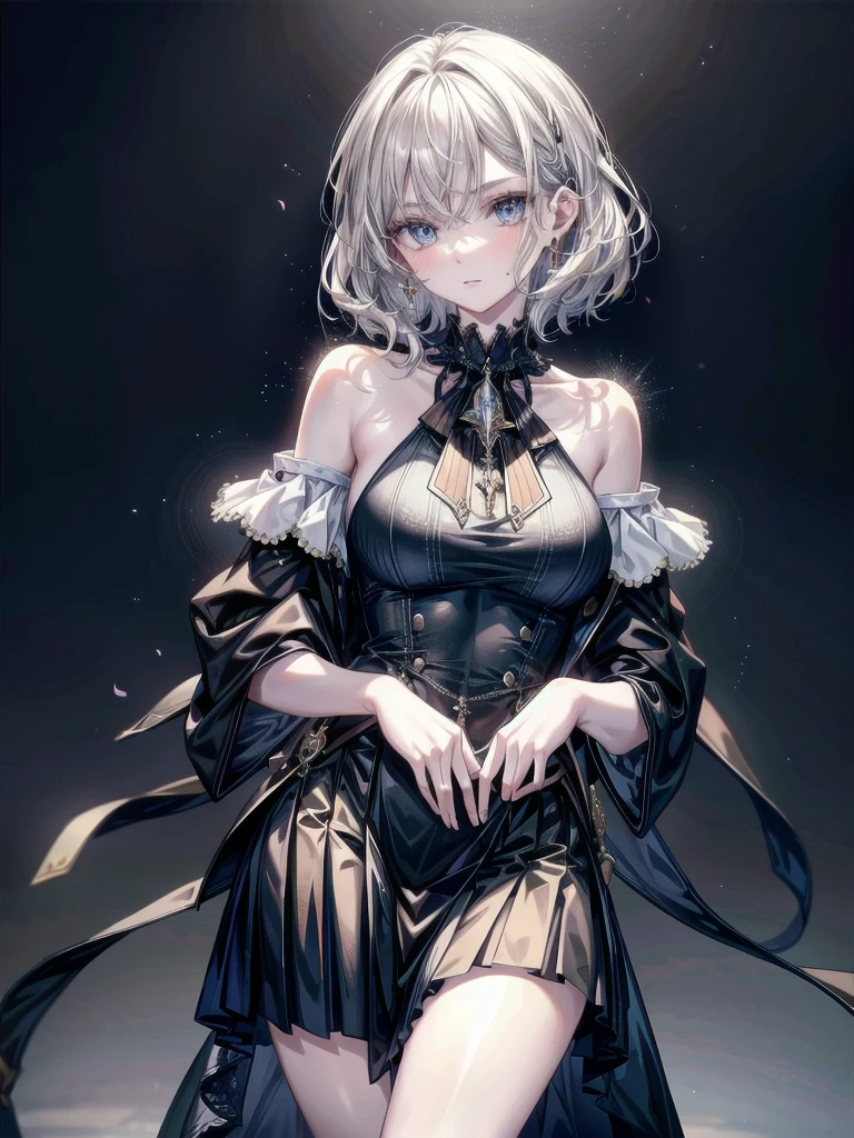 absurdres, RAW photo, extremely delicate and beautiful, masterpiece, Best Quality, ultra high resolution, 32k, hyperrealistic, ultra-detailed, detailed description, pale skin, 20 years old, delicate facial features, detailed beautiful face and eyes, tearful mole, earring, Colossal tits, short medium hair, wavy hair, full body shot, halterneck, blouse, skirt,