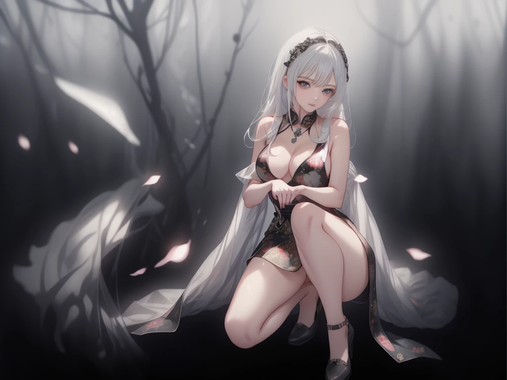 best quality, masterpiece, high resolution, 1 Girl, Full body cheongsam, Hair accessories, necklace, jewelry, Pretty Face, White hair, Tyndall effect, Reality, , Edge lighting, Two-tone lighting, (Highly detailed skin:1.2), 8K Ultra HD,  , soft light, high quality, Volumetric Lighting, frank, Movie, high resolution, 4K, 8k, Bokeh, Full breasts,Slender thighs