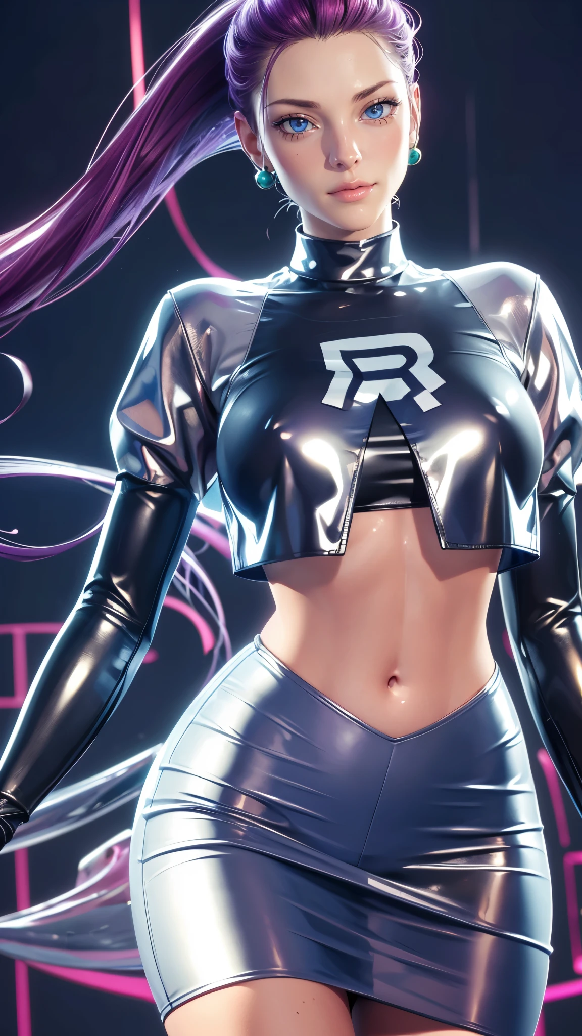 (((完美figure,figure,solo, White and tender skin,(((Cyberpunk,team rocket ,team rocket uniform ,white skirt,crop top,thighhighs,elbow gloves))),(((jessie pokemon,hair slicked back, long hair,purple hair,blue eyes))),((masterpiece)),high resolution, ((Best quality at best)),masterpiece,quality,Best quality,((( Exquisite facial features,Looking at the audience,There is light in the eyes,(((Smile,confidence)))),))),型figure:1.7))),(((Light and shadow,Huge breasts))),(((Looking at the camera,black background,)))