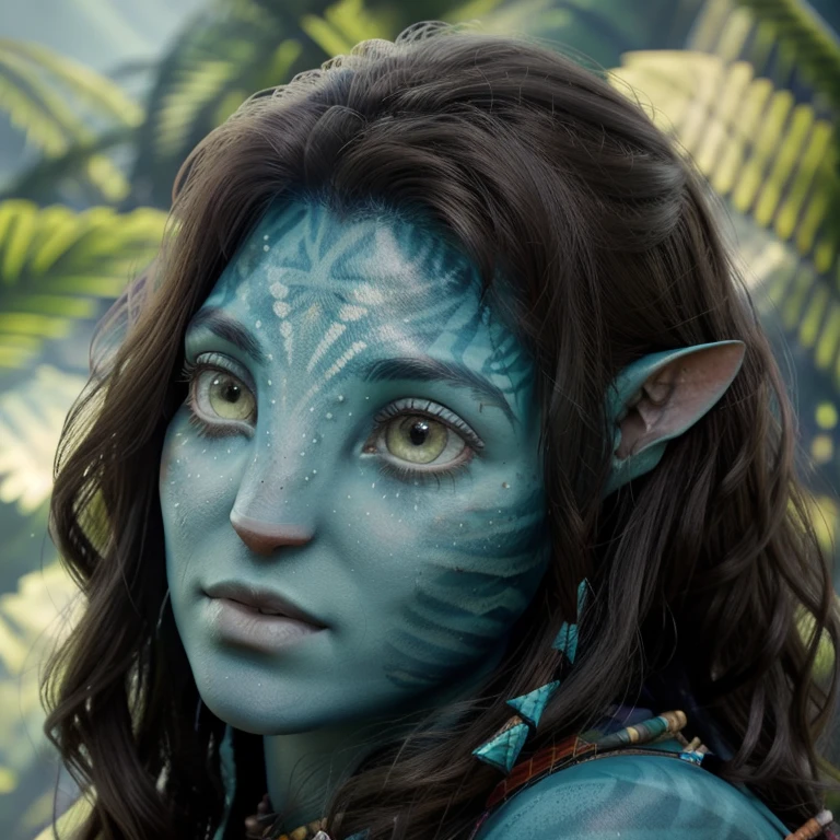 avatar style, (face portrait:1.6), naavi, 1girl, female, (green eyes), (big eyes), ((eyebrowless)), pointy ears, (turquoise skin tone:1.0), (straight hair:1.0), brown hair color, ((long hair)), (young adult), 18 years old, face wrinkles, wearing colorful tribal clothing, (wearing tribal acessories), detailed eyes, toned body, muscled body, vibrant colors, glowing, ethereal atmosphere, surrealistic dreamy lighting, textured skin, otherworldly beauty, mesmerizing photography, (best quality, highres), vivid colors, ultrarealistic, skin details, striped skin, sfw, face close-up:0.5, ultradetailed body, ((turquoise skin)), AvAonung