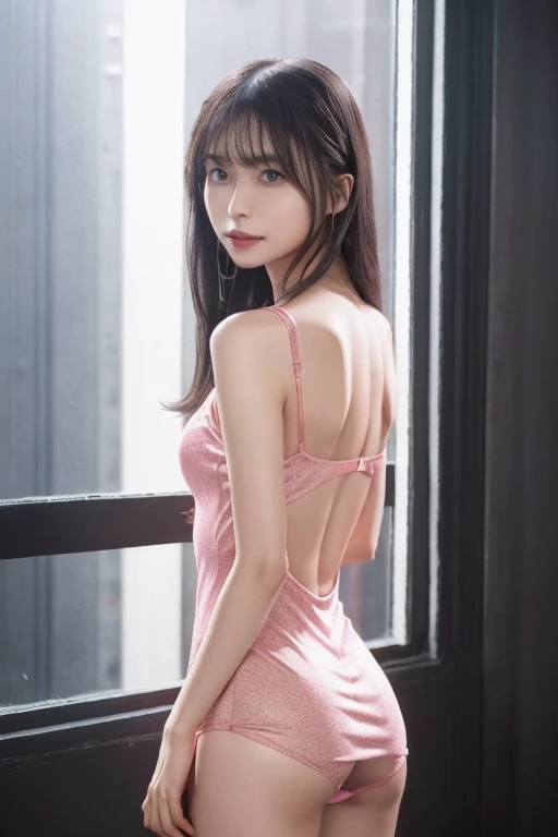 8K, Masterpiece, RAW photo, Best quality, detail:1.2),Photorealistic, Extremely detailed CG unifies 8K wallpapers, Depth of field, Cinematic light, Lens flare, Ray tracing, (Extremely beautiful face, Beautiful lips, Beautiful eyes), intricate detail face, ((ultra detailed skin)) 1girll, In the dark, deepshadow, Pretty Korean girl, Kpop idol,(Very slim and slender muscular body:1.3), ((view the viewer)),(Big smile), (bodycon minidress),(Pink dress), (Panties exposed), (Injection sleeve) , (City Night, (neon lights sign), (Night), Pretty Korean girl, Pantyhose, Clear eyes, Walking , (Pale skin), Face forward, (Big eyes), ((upperbody shots)), bodycon minidress, Silk mini dress ,Panties exposed, Turn Back, Back shot, Very slim, slander,Malu,